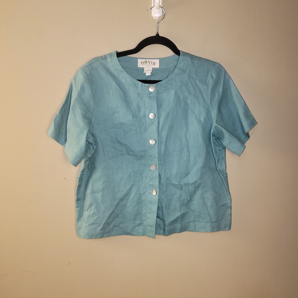 Orvis Light Teal Button-Front Short Sleeve Linen Top